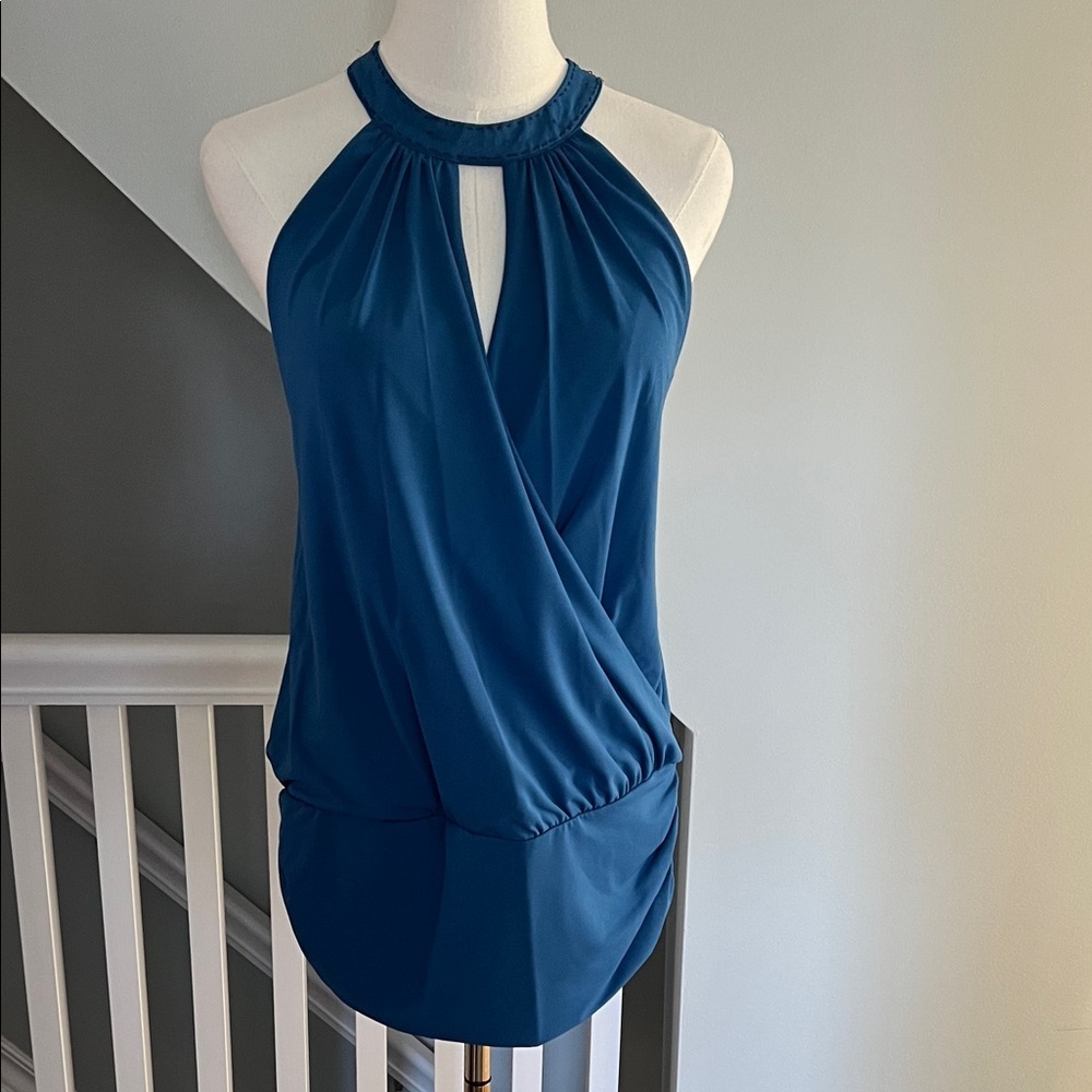 Moda International Teal Halter Keyhole Draped Blouse